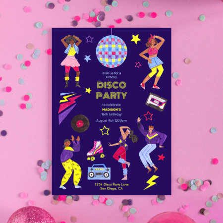 Groovy Roller Disco Purple Party Millennial Retro Invitation