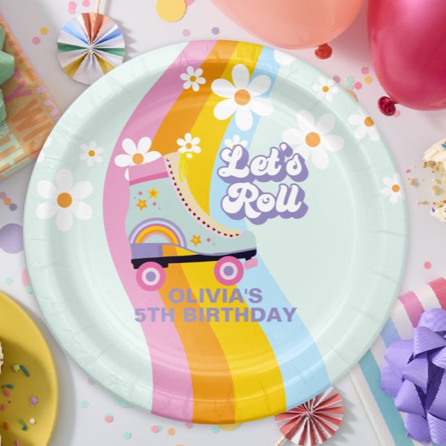 Groovy Rollerskating Retro Rainbow Birthday Paper Plates (Creator Uploaded)