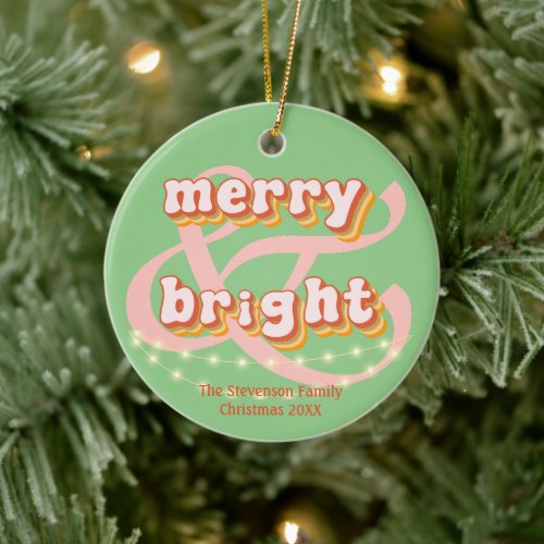 Groovy Sage Green Pink Merry and Bright Family  Ceramic Ornament