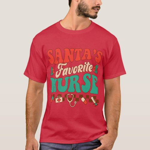 Groovy Santa_s Favorite Nurse Christmas Pajama Scr T_Shirt