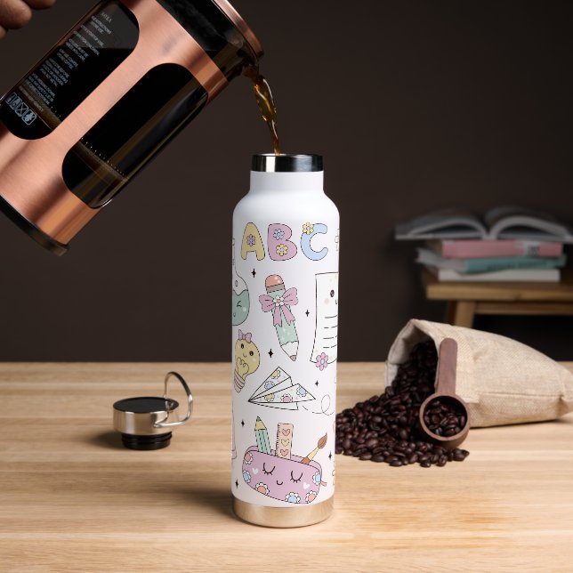 Groovy School Design Theme Water Bottle (Coffee (Rotated))