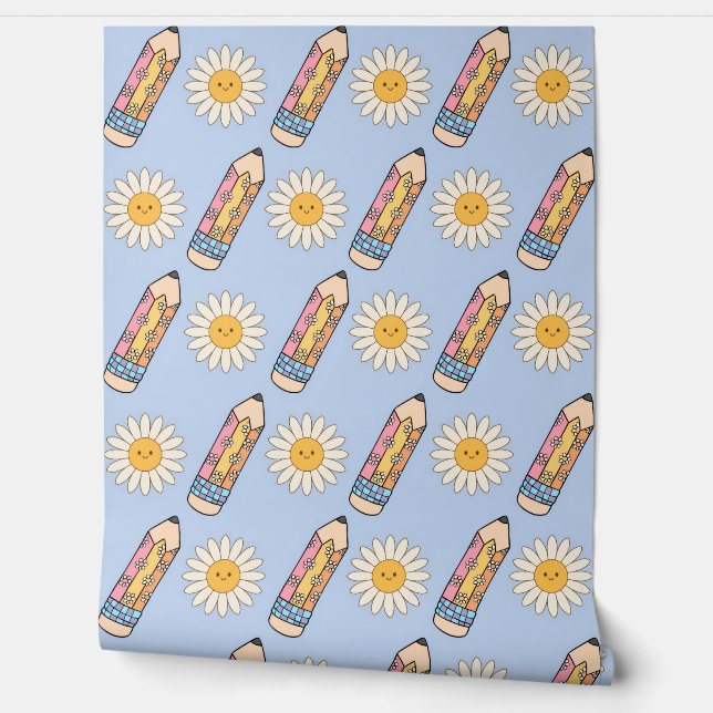 Groovy School Wallpaper with Pencils & Flowers Wallpaper (Unrolling)