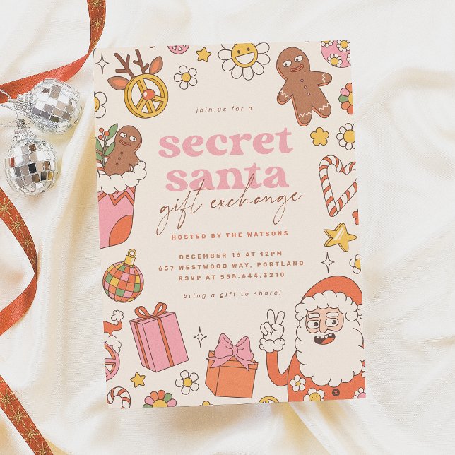 Groovy Secret Santa Exchange Retro Christmas Party Invitation (Creator Uploaded)
