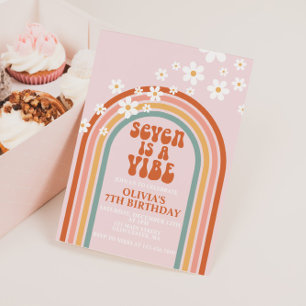 Groovy Seven is a Vibe daisy rainbow 7TH birthday Invitation