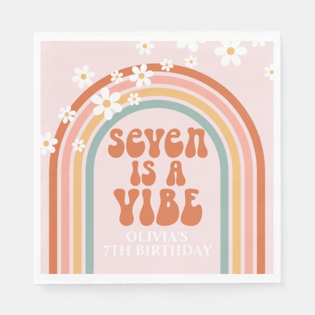 Groovy Seven is a vibe daisy rainbow 7th birthday Napkins (Front)