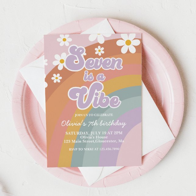 Groovy Seven is a vibe Retro Rainbow 7th Birthday Invitation (Creator Uploaded)
