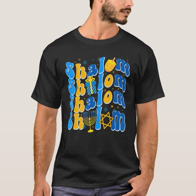 Groovy Shalom Peace Jewish Hanukkah Jewish Dreidel T-Shirt (Front)