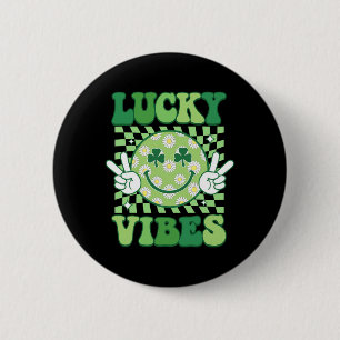 Groovy Shamrock Lucky Vibes St Patricks Day Men Ki Button