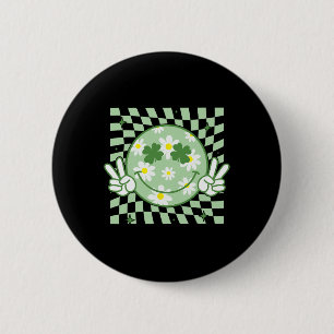 Groovy Shamrock Smile Face St Patricks Day Men Kid Button
