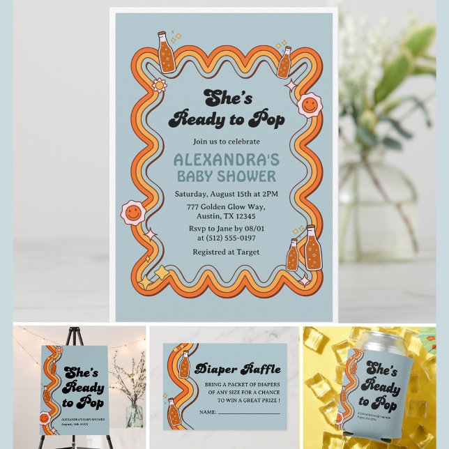 Groovy Shes Ready to Pop Boy Dusty Blue Invitation (Creator Uploaded)