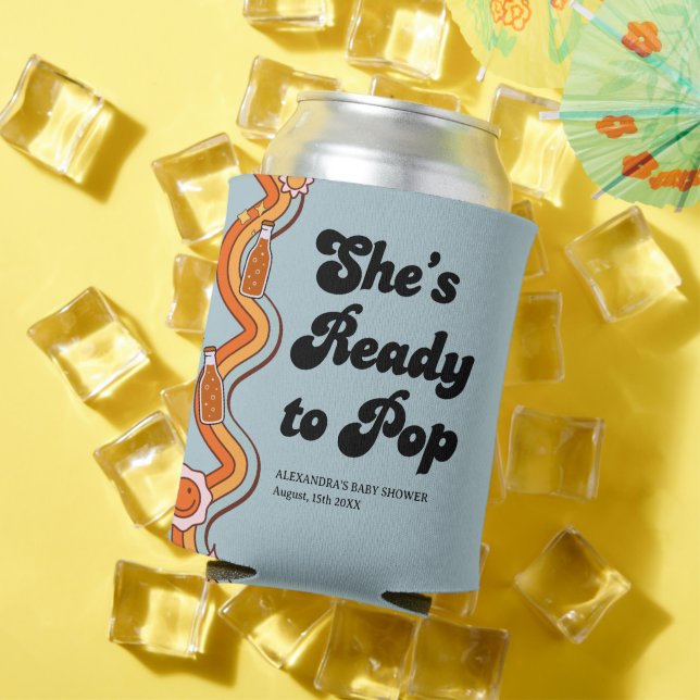 Groovy Shes Ready to Pop Retro Dusty blue Can Cooler (In Situ Summer)