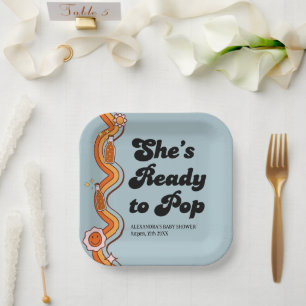 Groovy Shes Ready to Pop Retro Dusty Blue Paper Plates