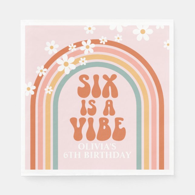 Groovy Six is a vibe daisy rainbow 6th birthday Napkins (Front)
