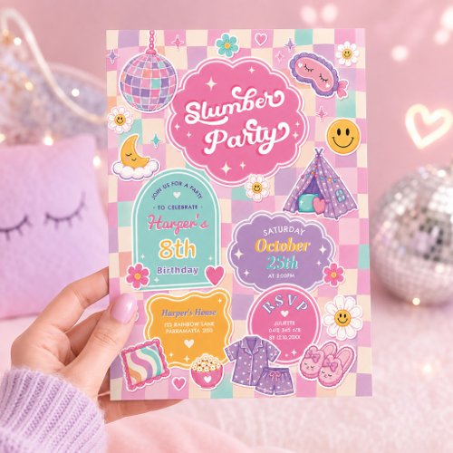 Groovy Slumber Party Checkered Rainbow Birthday Invitation
