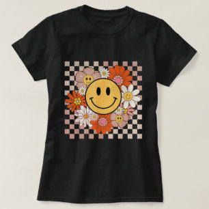 Groovy Smile Happy Face Flowers Checkered Hippie T-Shirt