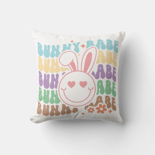 Groovy Smiling Bunny Throw Pillow