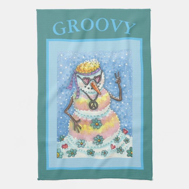 GROOVY SNOWMAN PEACE SIGN, CHRISTMAS KITCHEN TOWEL (Vertical)