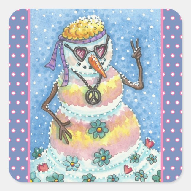 GROOVY SNOWMAN, PEACE SIGN CHRISTMAS STICKERS Squ (Front)