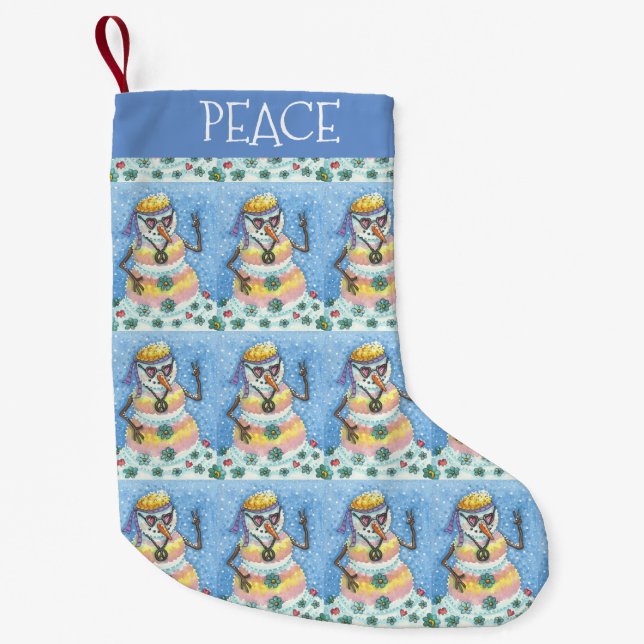 GROOVY SNOWMAN, PEACE SIGN, HIPPIES LOVE TIE DYE SMALL CHRISTMAS STOCKING (Front)
