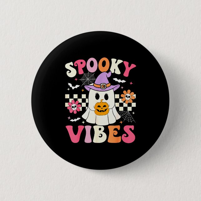 Groovy Soky Vibes Retro Ghost Holding Pumpkin Hall Button (Front)