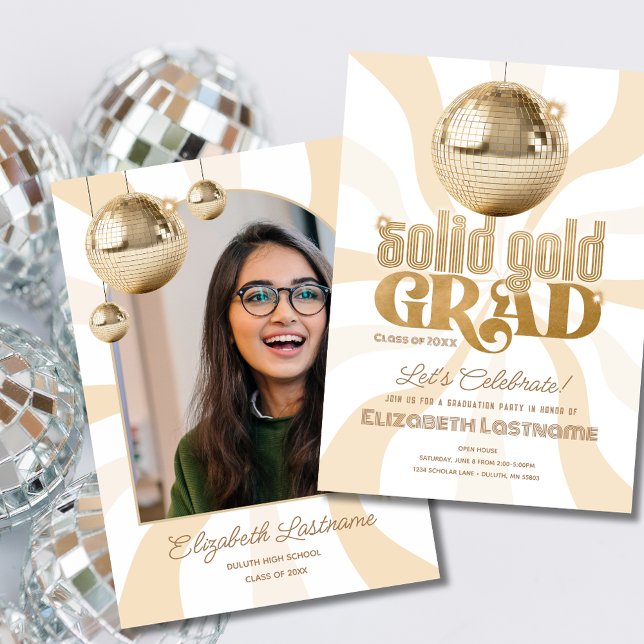 Groovy Solid Gold Grad Disco Graduation Party Invitation (Creator Uploaded)