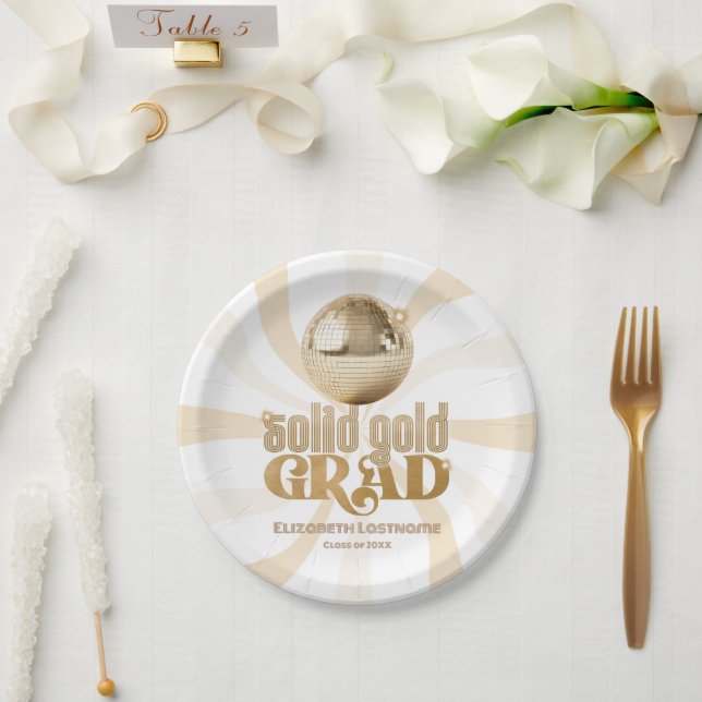 Groovy Solid Gold Grad Disco Graduation Party Paper Plates (Wedding)