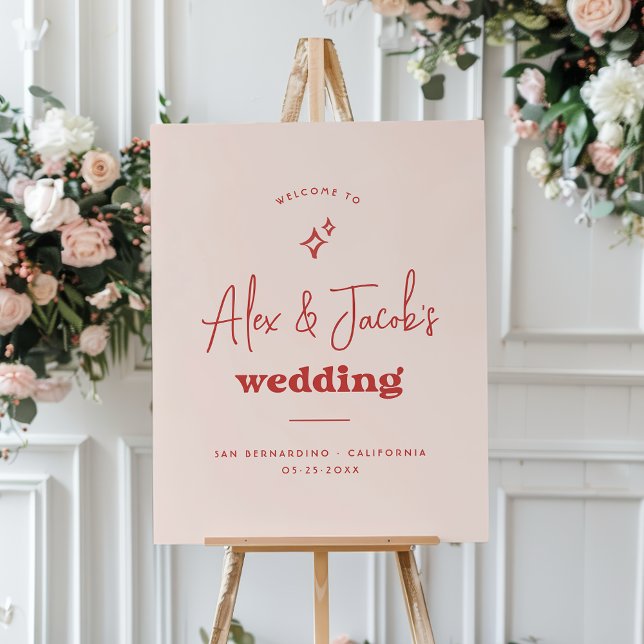 Groovy Sparkle 70s Pink & Red Wedding Welcome Sign (Welcome Sign Mock-up)