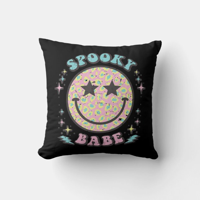 Groovy Spooky Babe Face Happy Halloween Costume Re Throw Pillow (Front)