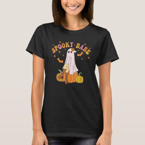 Groovy Spooky Babe Vibes Retro Floral Ghost Hippie T_Shirt