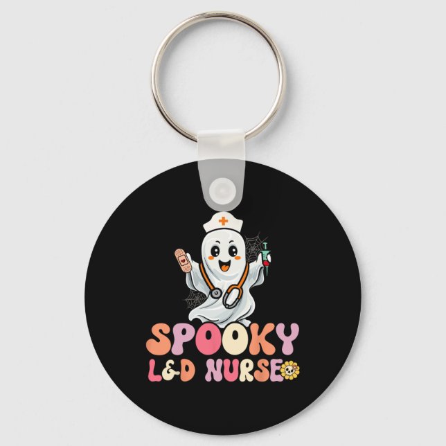 Groovy Spooky Labor and Delivery Nurse Halloween L Keychain (Front)
