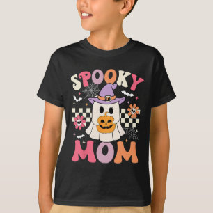 Groovy Spooky Mom Retro Ghost Holding Pumpkin Hall T-Shirt