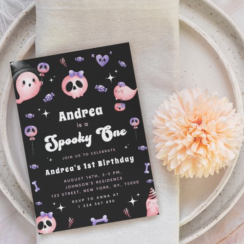 Groovy Spooky One  Pink Ghost Girl 1st Birthday Invitation