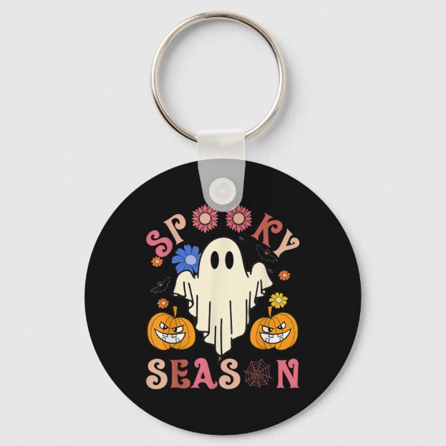 Groovy Spooky Season Cute Ghost Holding Pumpkin Ha Keychain (Front)