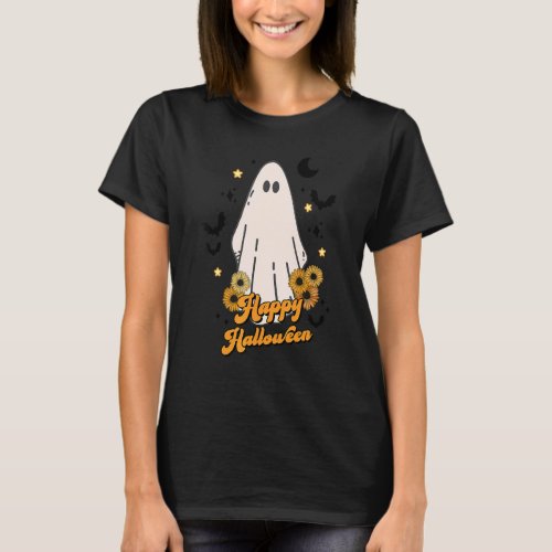 Groovy Spooky Season Flower Ghost Happy Halloween  T_Shirt