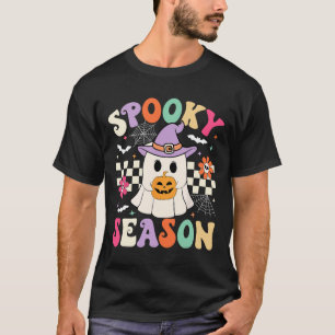 Groovy Spooky Season Retro Ghost Holding Pumpkin H T-Shirt