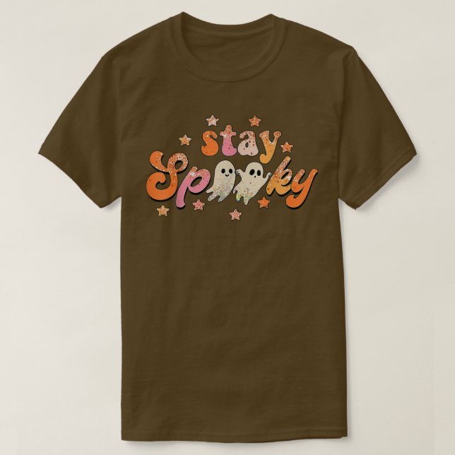 Groovy Stay Spooky Vibes Retro Floral Ghost Hippie T-Shirt (Design Front)