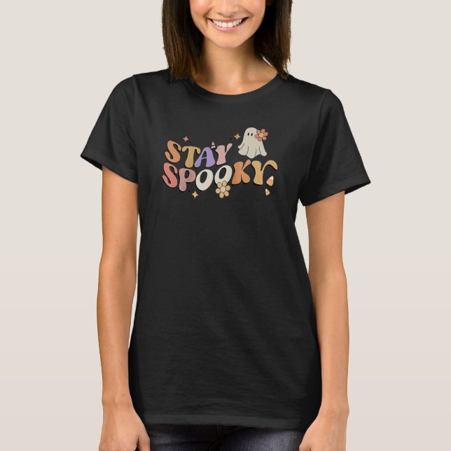 Groovy Stay Spooky Vibes Retro Floral Ghost Hippie T-Shirt (Front)