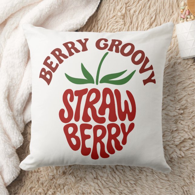 Groovy Strawberry Retro 70s Vibes Throw Pillow (Blanket)