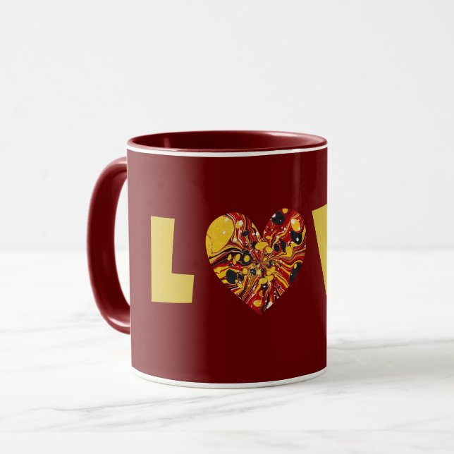 Groovy Style Love Heart Maroon Cup Mug (Front Left)