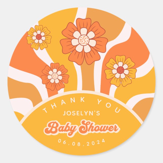 Groovy Sunshine 60s Retro Floral Baby Boy Shower Classic Round Sticker (Front)