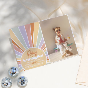 Groovy Sunshine Boho Daisy Rainbow Photo Birthday Invitation