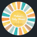 Groovy Sunshine Here Comes the Son Boy Baby Shower Classic Round Sticker<br><div class="desc">Drenched in a retro sunshine design,  this round sticker is a wonderful blend of nostalgic aesthetics and contemporary functionality. The motif is a stunning array of muted yellow,  blue,  orange,  and terracotta hues that create a warm and inviting atmosphere right off the bat.</div>