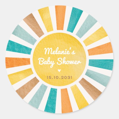 Groovy Sunshine Here Comes the Son Boy Baby Shower Classic Round Sticker
