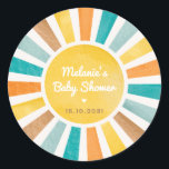 Groovy Sunshine Here Comes the Son Boy Baby Shower Classic Round Sticker<br><div class="desc">Drenched in a retro sunshine design,  this round sticker is a wonderful blend of nostalgic aesthetics and contemporary functionality. The motif is a stunning array of muted yellow,  blue,  orange,  and terracotta hues that create a warm and inviting atmosphere right off the bat.</div>