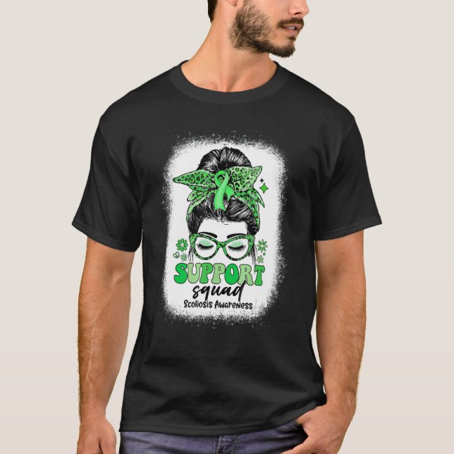 Groovy Support Squad Messy Bun Scoliosis Awareness T-Shirt (Front)