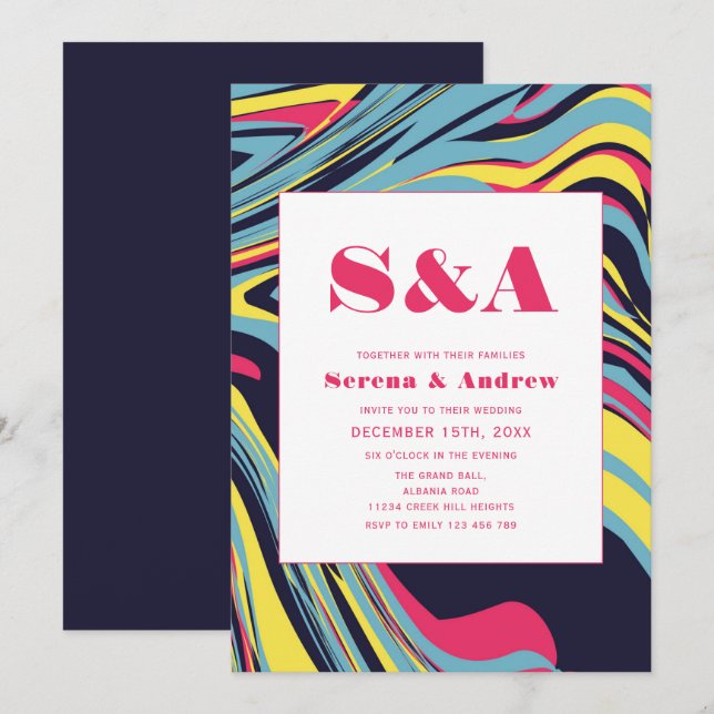  Groovy Swirl Marble Colorful Modern Wedding Invitation (Front/Back)