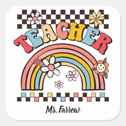 Groovy teacher boho rainbow flowers checkerboard square sticker