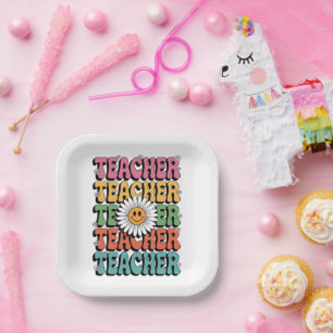 Groovy Teacher Cute Daisy Flower Retro Back School Paper Plates