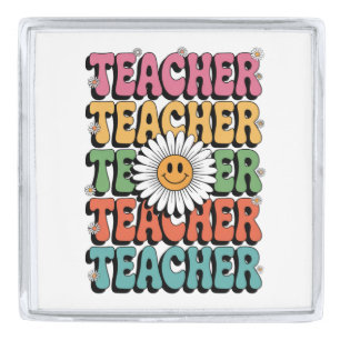 Groovy Teacher Cute Daisy Flower Retro Back School Silver Finish Lapel Pin
