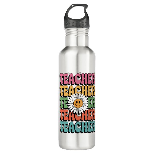 Groovy Teacher Cute Daisy Flower Retro Back School Stainless Steel Water Bottle (Front)
